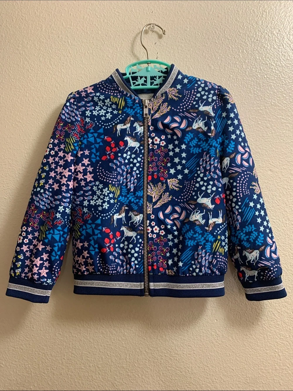 Monsoon Blue Floral Unicorn Silver Sparkle Bomber Jacket Girl’s 3-4 Years.     V